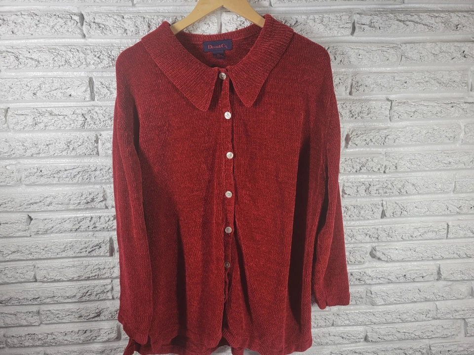 Denim Co Mujer Suéter 2X Cárdigan Manga Larga Rojo Suave Acrílico Informal Botón Foto 3 de 4