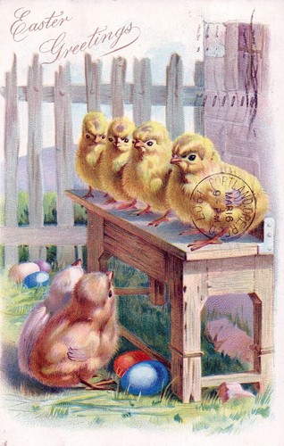 Raphael Tuck Four Chicks Being Watched By Two Below Easter Greetings Postcard - 第 1/2 張圖片