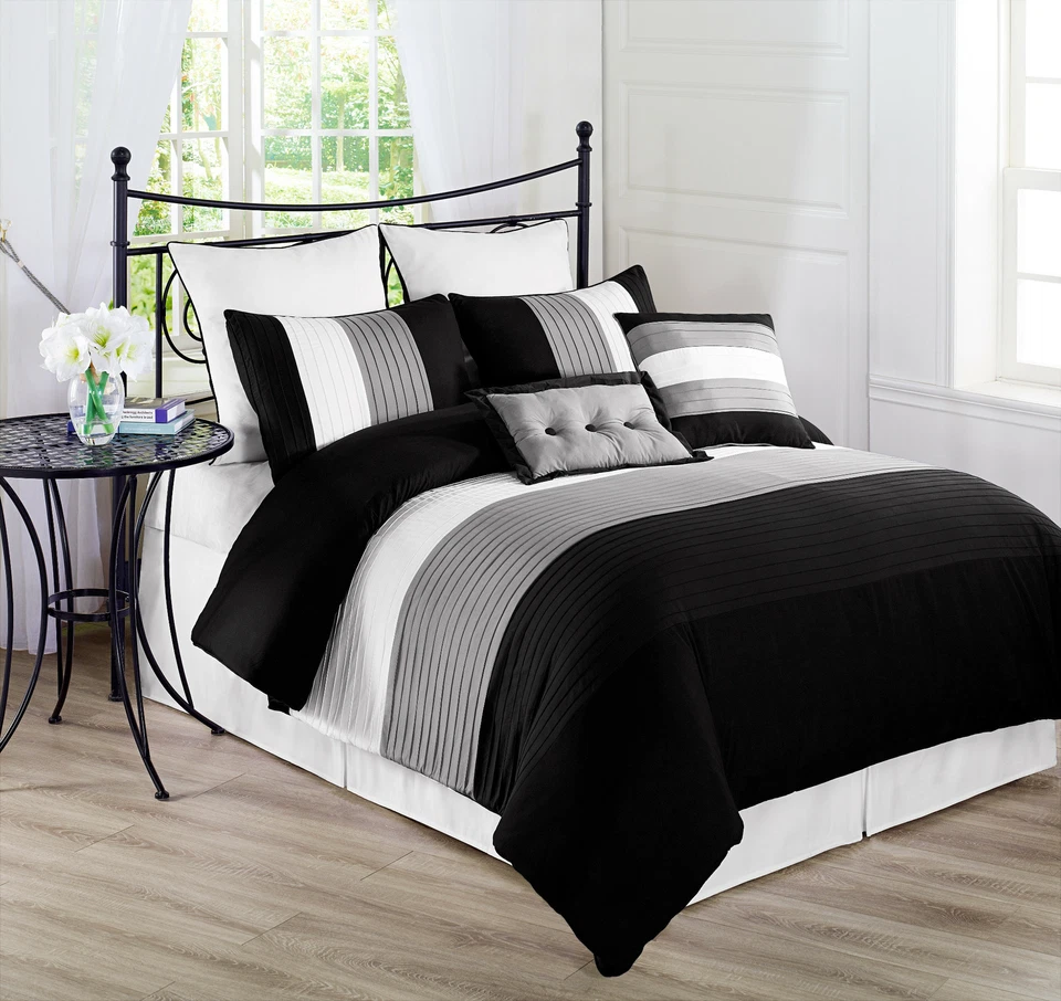 8-Piece Luxury Pintuck Pleated Stripe Black, Gray, and White Comforter Set - Image 2 of 4