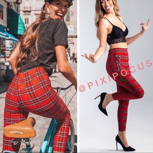 LEGGINGS SKINNY PANTS RED PLAID XS 