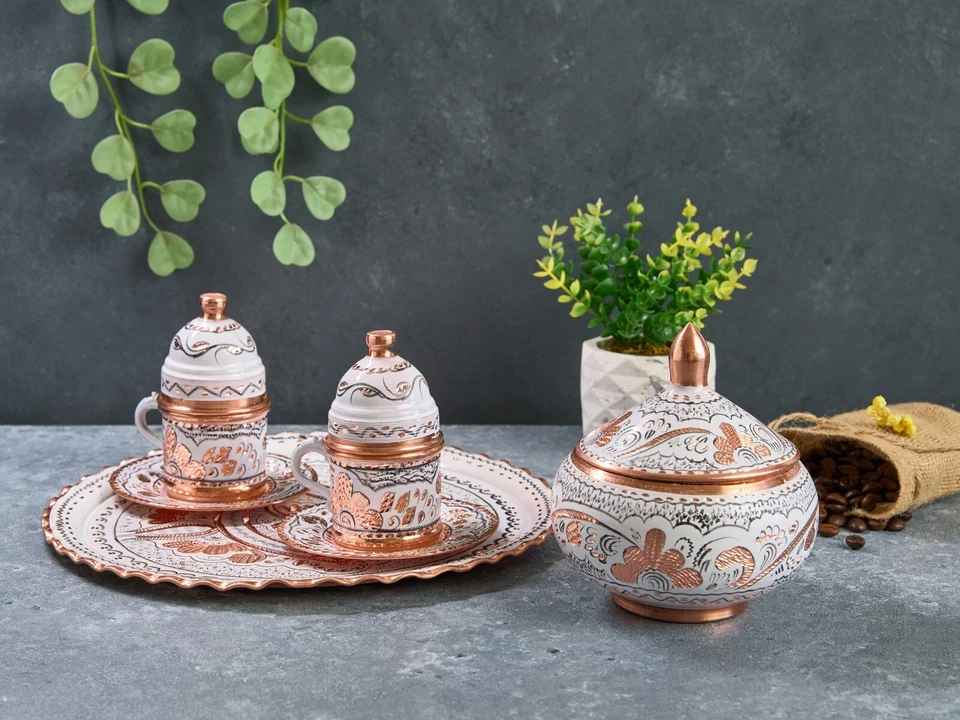 Copper Coffee Serving Set, Turkish Coffee Set, Copper Coffee Cups Tray - Image 4 of 4