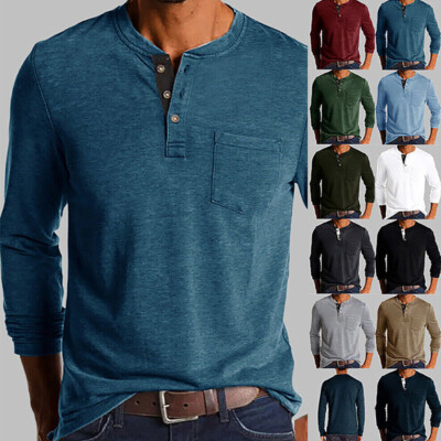 Herren Hemd Knopfleiste Langarmshirt Henley Longsleeve Pullover Sweatshirt Tops 