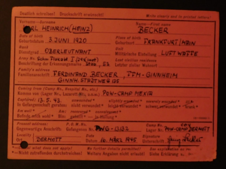 1945 Camp Mexia Texas USA Prisoner of war Postcard Cover Germany Change Address - Image 2 of 2