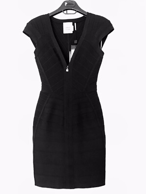 Herve Leger Bodycon V-Neck Black Dress-Stretch Rayon Knit-Front Zip-Sz XS-S-NWT | eBay Herve Leger Bodycon V-Neck Black Dress-Stretch Rayon Knit-Front Zip-Sz XS-S-NWT | eBay