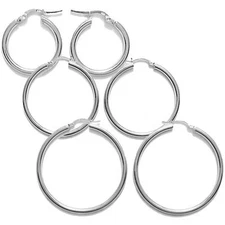 .925 SOLID STERLING SILVER PLAIN 3MM THICK POLISHED ROUND HOOP EARINGS, 15-70MM