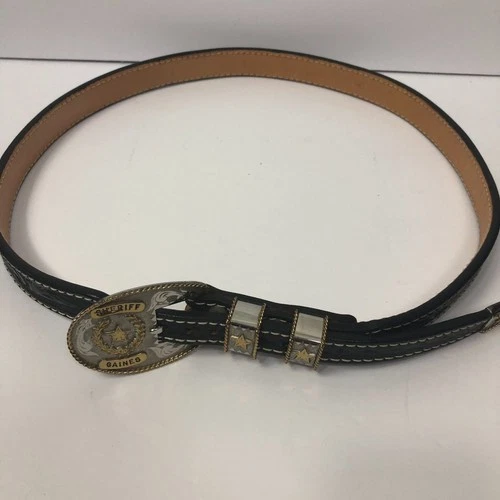 Men's Handmade Black Leather Western Belt Sheriff Buckle Stars