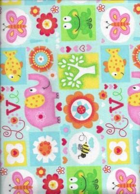 New Animals Bugs & Alphabet on Blue Flannel Fabric by the Yard Elephant Frog