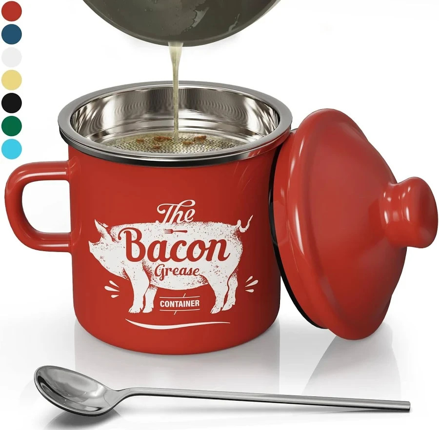 Contenedor de grasa de tocino PGYARD con colador 15 oz esmalte rojo guardián de aceite de cocina