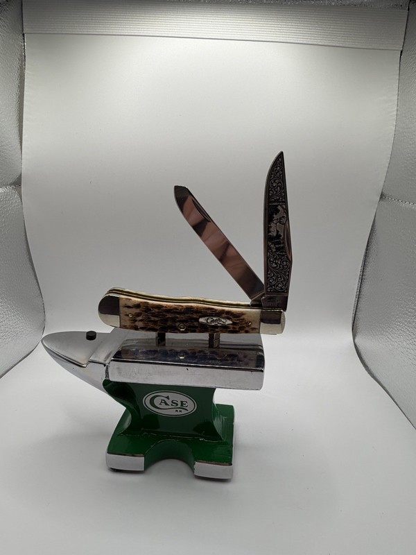 Case XX Custom Shop 6254C SS Trapper Amber Bone Engraved Deer Blade Pocket Clip