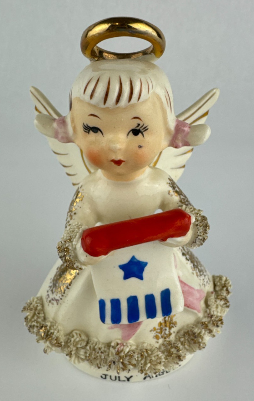 Vintage Lefton Patriotic 4th Of July Birthday Angel Figurine Spaghetti Gold Trim