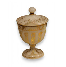 Antique 19th Century French Opaline Glass Candy Box Gilt Foliage Pedestal Jar