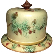 VHTF large Antique MAJOLICA BLACKBERRY pattern CHEESE KEEPER as DOME & TRAY