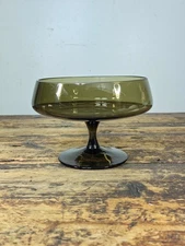 Vintage Olive Green Art Glass Compote Bowl Hand Blown Mid-Century Pedestal Dish
