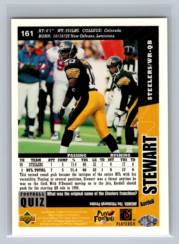 1996 Collector's Choice #161 Kordell Stewart Pittsburgh Steelers - Image 2 of 2