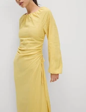 Marks & Spencer Womens Gold Linen Midi Shift Women Dress - M&S