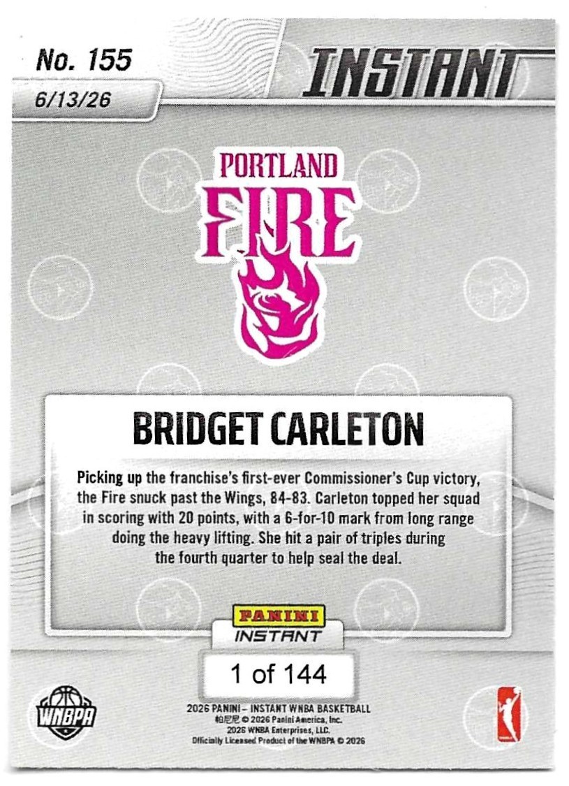 Bridget Carleton 2026 Panini Instant Thirty WNBA #155 SP /144 Fire view 2