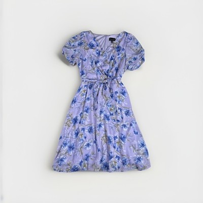 Connected Apparel Floral Faux Wrap Midi Dress Size 14 Lavender Blue Puff Sleeve