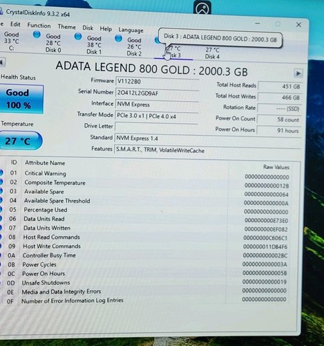 (LESS THAN 100 HRS) ADATA 2TB SSD Legend 800 GOLD NVMe PCIe Gen4 M.2 2280 - Afbeelding 6 van 7