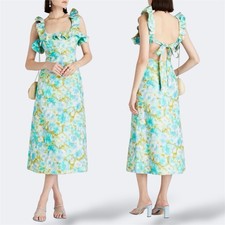 Zimmermann High Tide Frilled Midi Dress 1 / AU 10 / US 6 Linen Aqua Ikat Coastal