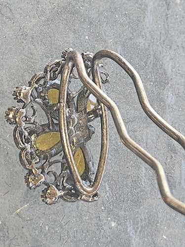 Vintage Gold Tone Butterfly Hair Pin Amber Rhinestone Costume Jewelry Accessory - Picture 2 of 20