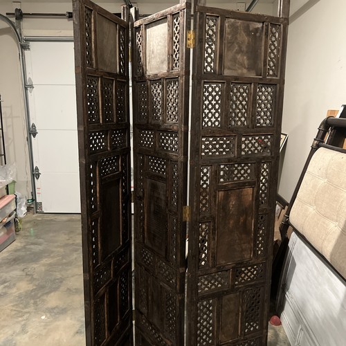 Vintage Moroccan Gothic Style Hand Carved Wood Room Divider 3-Panel Screen
