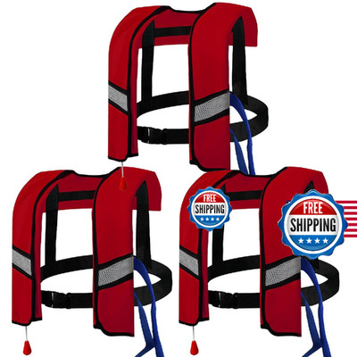 3-Pack 150N Auto Inflatable Life Jacket Adjustable Nylon Vest, Reflective RED