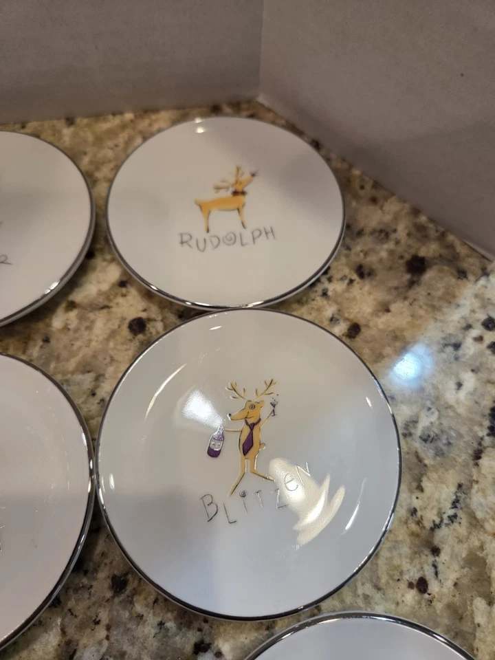 Pottery Barn Juego de 9 platos de reno de papá Noel de 4” mini aperitivo bocadillo dulce caramelo Foto 4 de 4