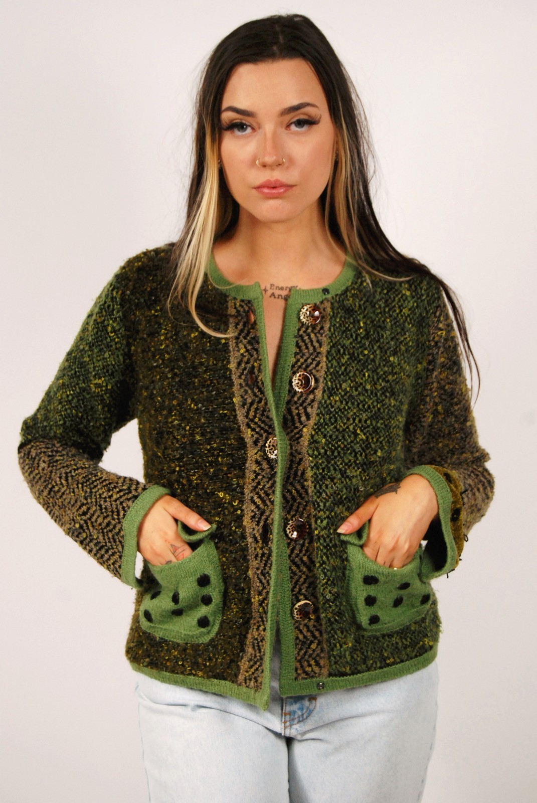 90s Multi Pattern Cardigan (M) patchwork green me… - image 1