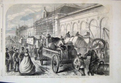 Original Old Antique Print 1862 Goods International Exhibition Building Scene