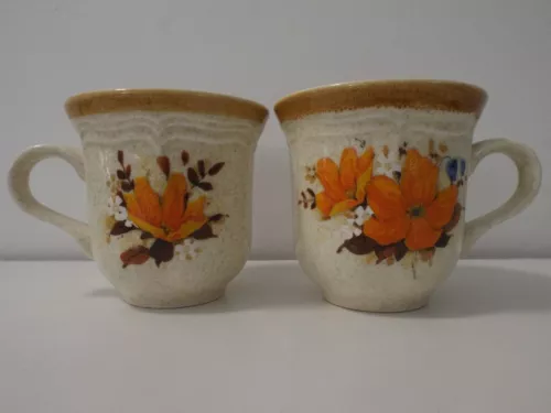 Set of 2 Vintage 70s "Flowerfest" Floral & Tan Ceramic Mugs (Mikasa Garden Club)