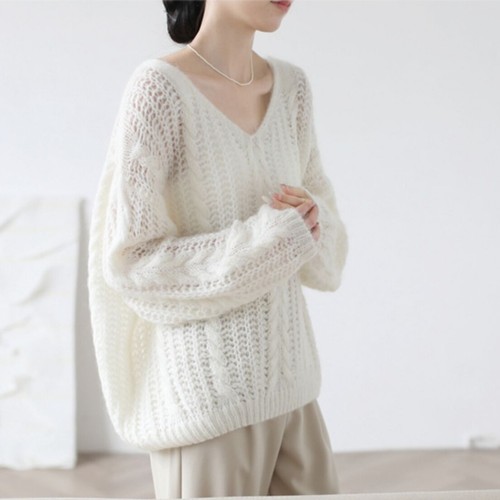 Pullover Top V-neck Soft Women Twist Hollow Out Faux Mohair Knitted Sweater - Picture 6 of 11