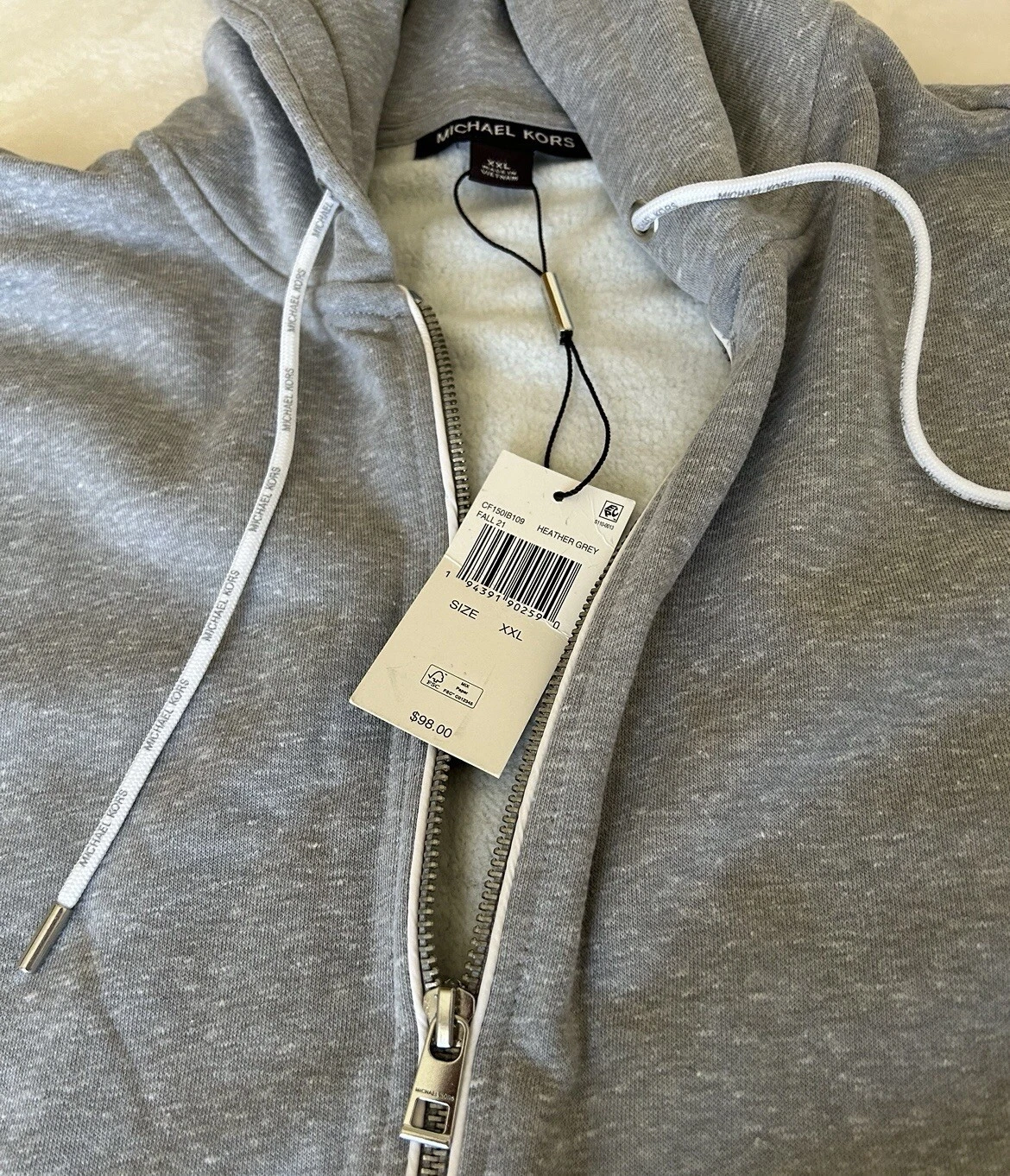 Felpa con cappuccio uomo Michael Kors cerniera intera grigio heather 2XL nuovissima