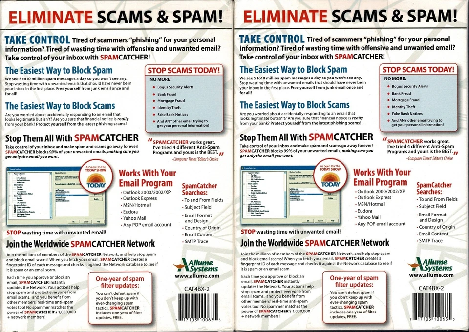 Lot of 2 Allume Spam Catcher 4.0 Pc New Sealed Box XP Block Email & Phishing - Image 2 of 2
