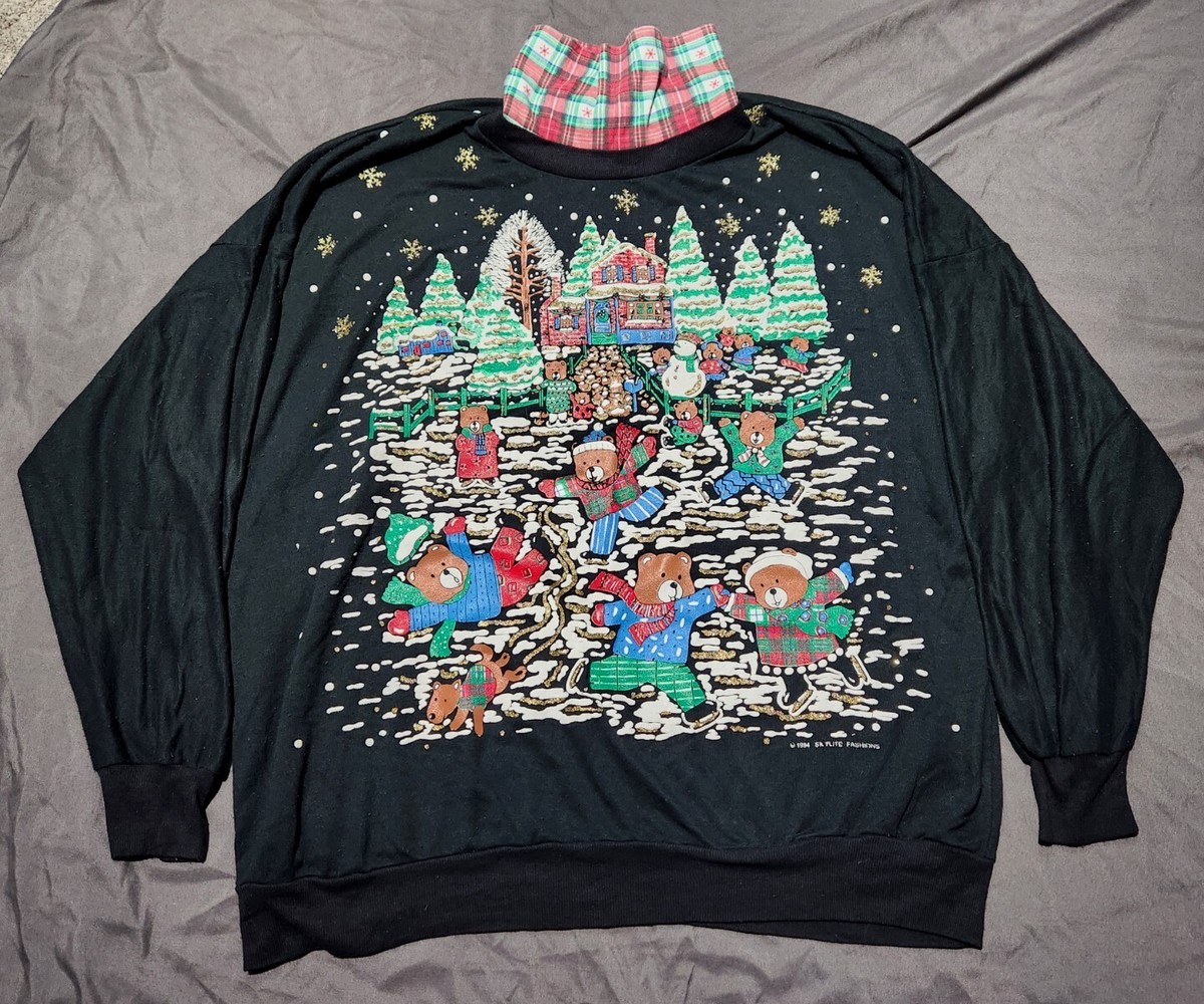 VTG Nutcracker Christmas Sweater Size Xl Womens Green Bears Skiing