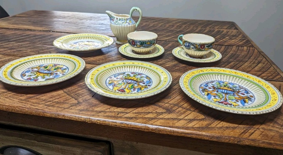 Antique Italian Hand Painted Dining Set Pitcher Plates Set Of 9 Spanish