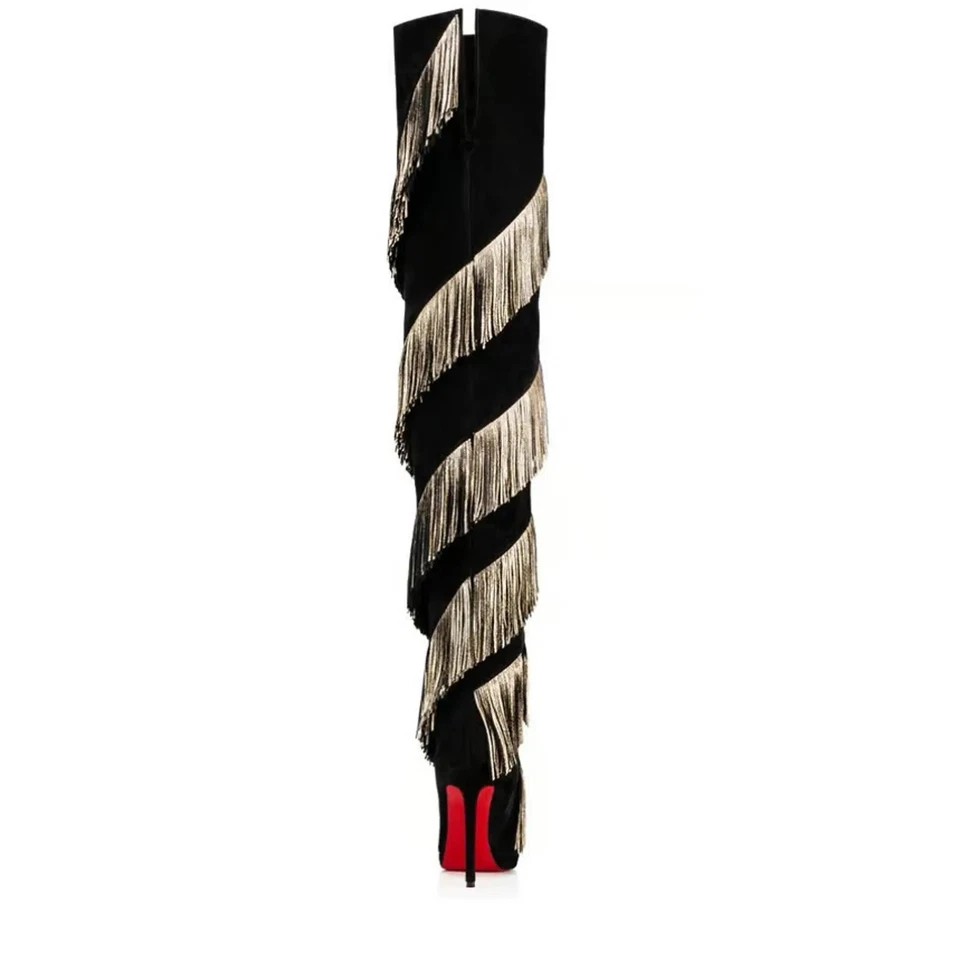 RARE Christian Louboutin Bolcheva 120 Black Gold Fringe Thigh High Boot - Image 4 of 4