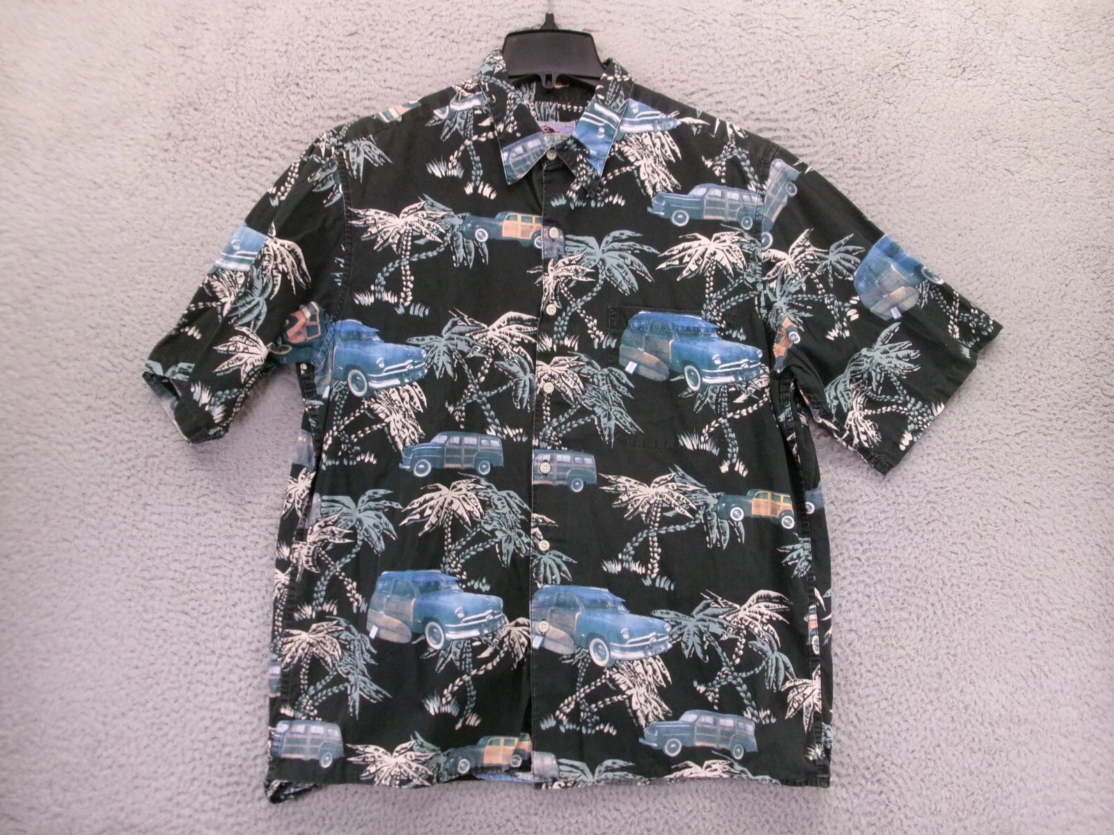 Reyn Spooner Hawaiian Shirt Mens Large Black Palm Trees Station Wagon Woody