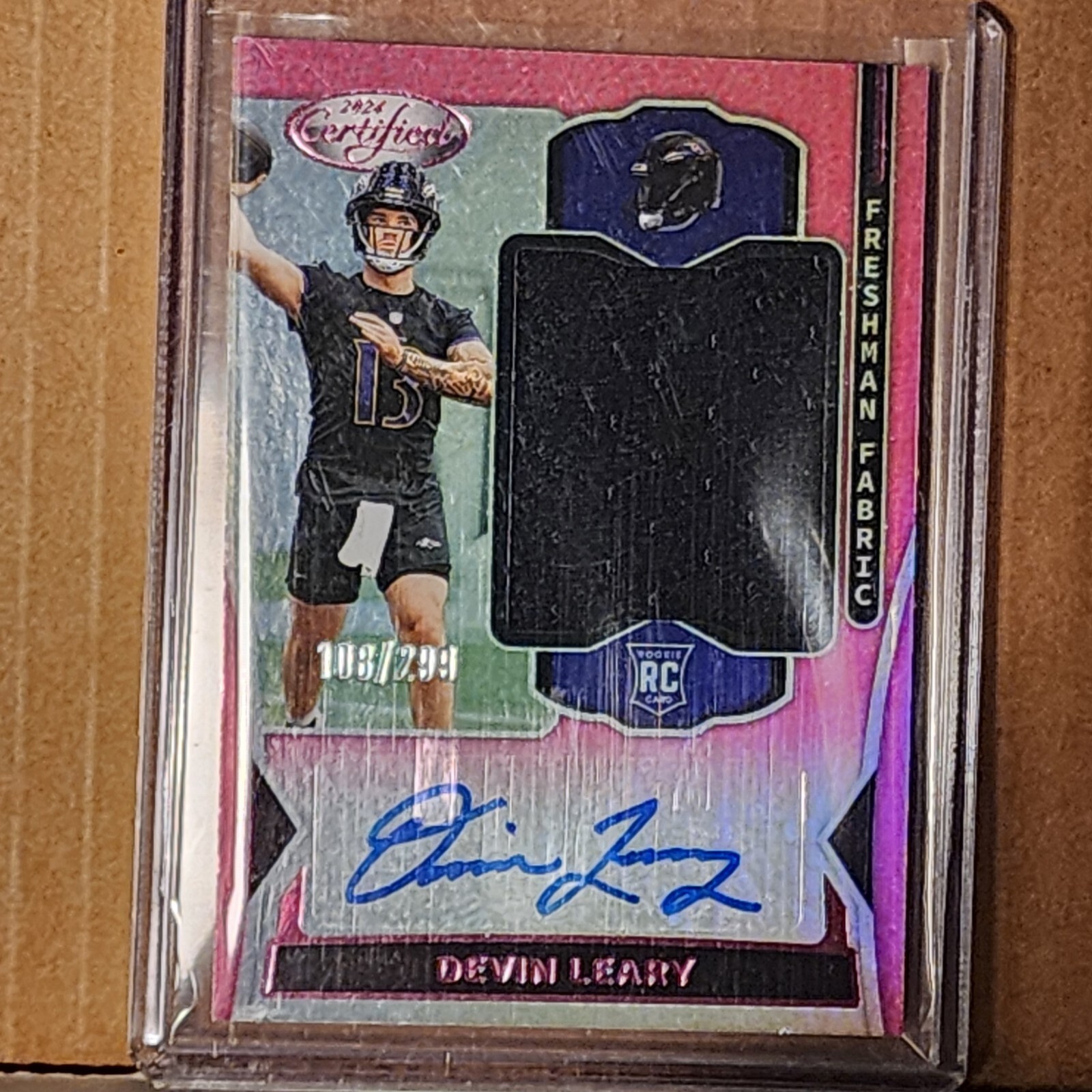 Devin Leary 2024 Certified Rookie Pink Patch Auto #108/299 Baltimore Ravens
