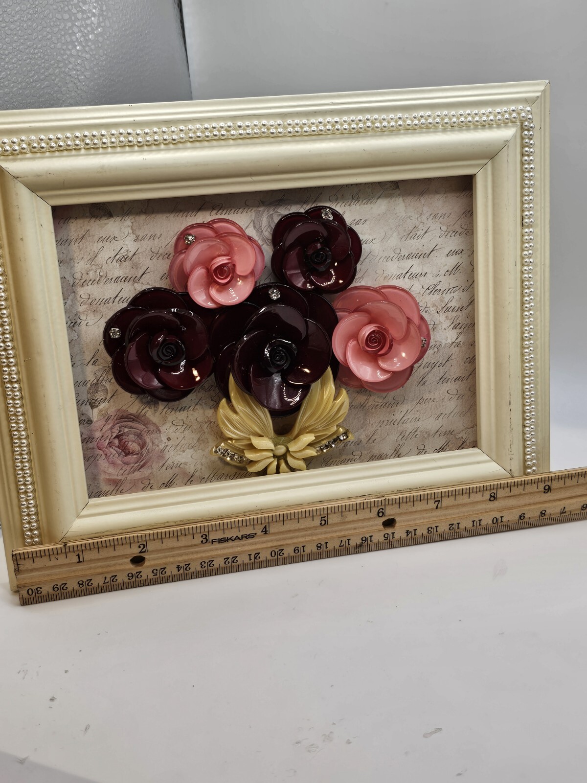 3D Framed Jewelry Art Mixed Media Vtg Contemporary Floral Faux Pearl OOAK Signed