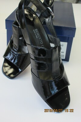 Roberto Capucci «Laura » black patent leather Sandals Sz 6B 2'' ½ heel  New w Box