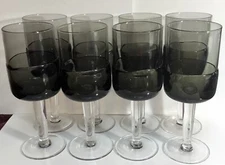 8 Pier 1 Double Dip Hand Blown Goblets Smokey Grey Clear Stem 12oz Set Of 8,2007