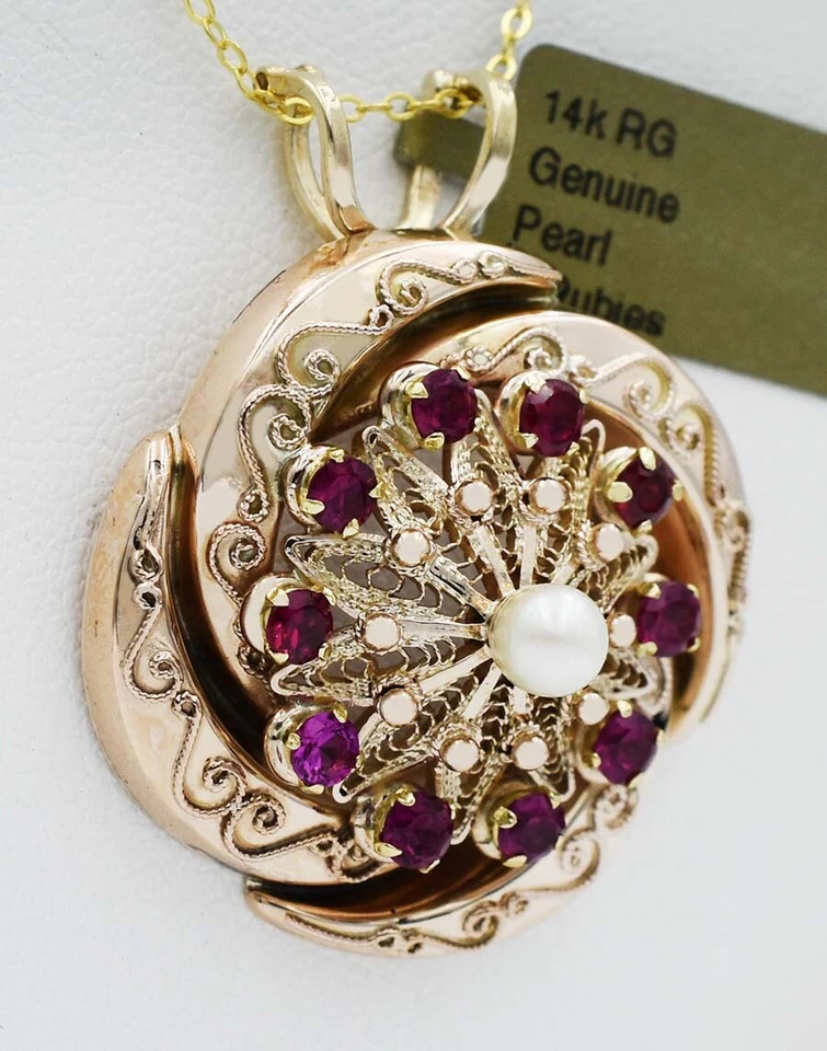 LAB RUBIES & GENUINE PEARL PENDANT NECKLACE 14k ROSE GOLD-NWT - Image 3 of 4