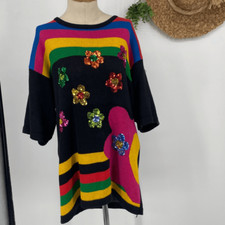 Eminent Women's Drop Shoulder Floral Sequin Knit Sweater Dress Multicolor Large