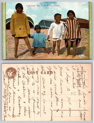 Arctic Alaska Postcard: Indigenous Children, Tents, Summer Day Vintage