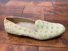 Stubbs & Wooton Green White Embroidered Loafer Flats, Size 8 | 38