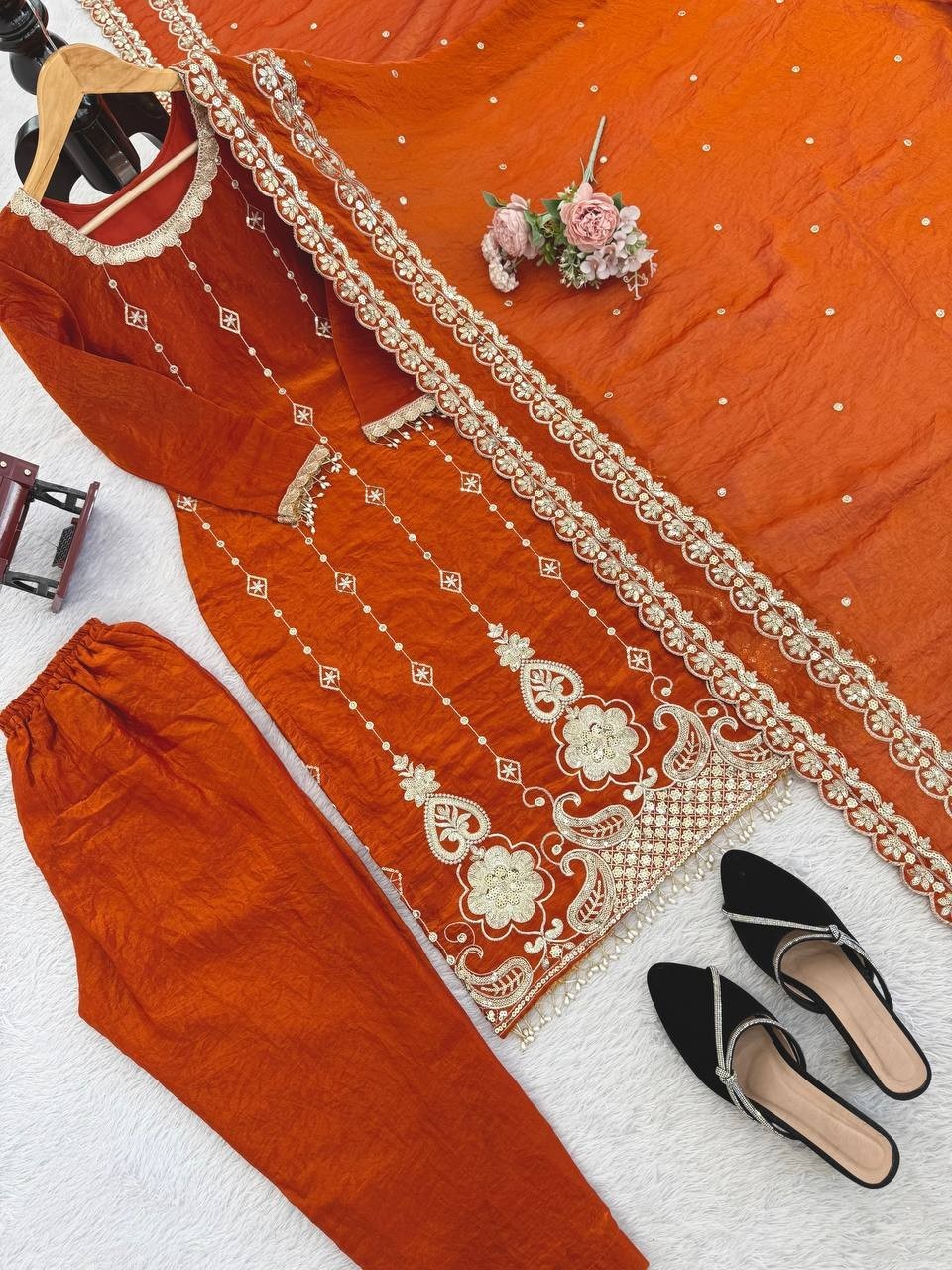 New Stylish Fendy Silk Orange Salwar Kameez With Dupatta For Function Wear thumbnail 12