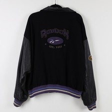 Vintage 90s Reebok 1995 Black Leather Embroidered Varsity Bomber Jacket Large