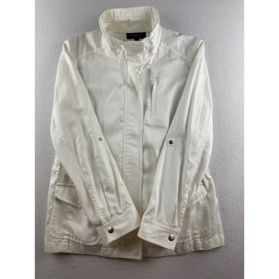 Talbots Petites White Utility Jacket Size Mp Funnel Neck Drawstring Waist Cotton