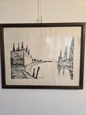 Dino Costantini – Veduta Lagunare – Disegno Originale a Carboncino Firmato 
