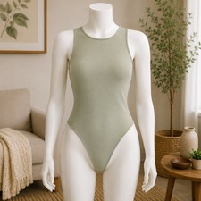 NWT BP Bodysuit Womens Small Green Ribbed Sleeveless High Neck Thong Snap Gusset